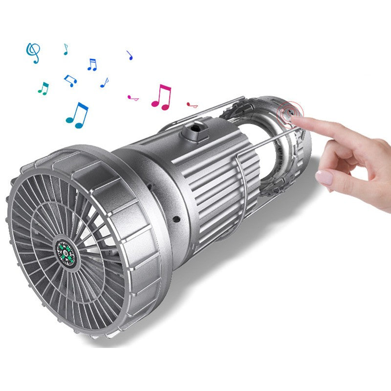 Lisslune | Multifunction Solar Camping Light with Fan, Bluetooth Speaker, Power Bank & Compass