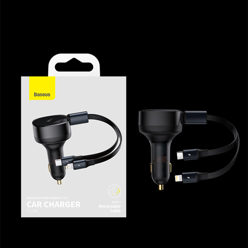 Lisslune | 2-in-1 Retractable USB-C & Lightning Car Phone Charger for all Phones & Tablets