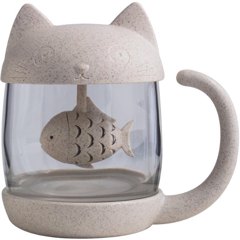 Lisslune | 250ml Creative Cat and Fish Cup, with Tea Steeper, for Tea, Coffee, Juice, Milk and More