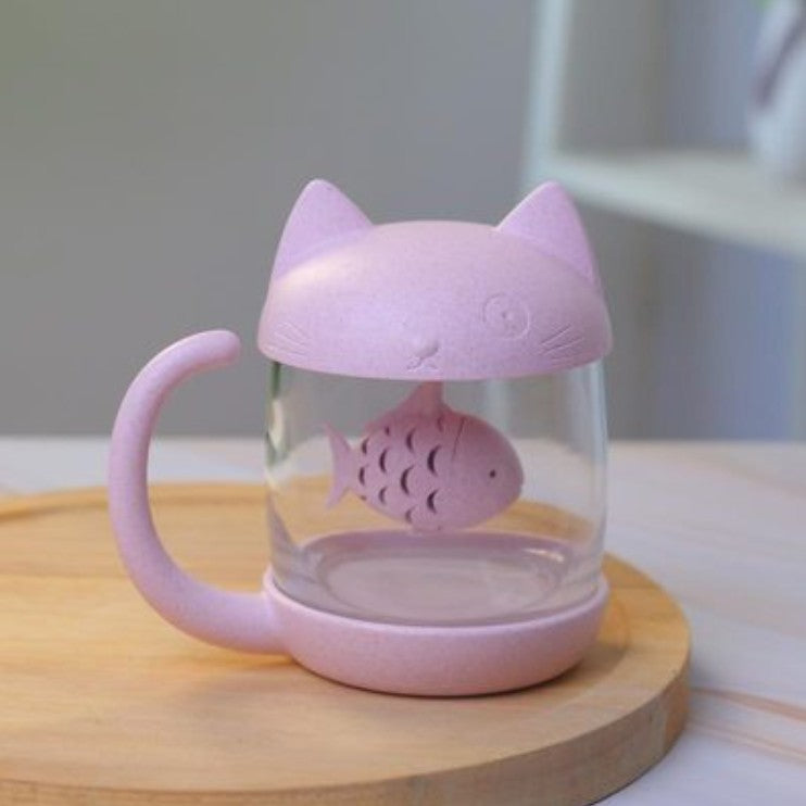 Lisslune | 250ml Creative Cat and Fish Cup, with Tea Steeper, for Tea, Coffee, Juice, Milk and More