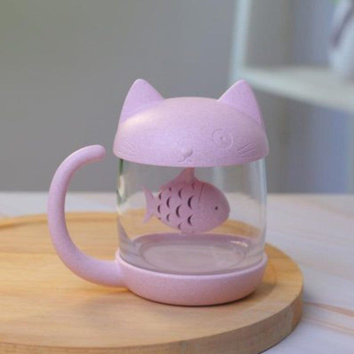 Lisslune | 250ml Creative Cat and Fish Cup, with Tea Steeper, for Tea, Coffee, Juice, Milk and More