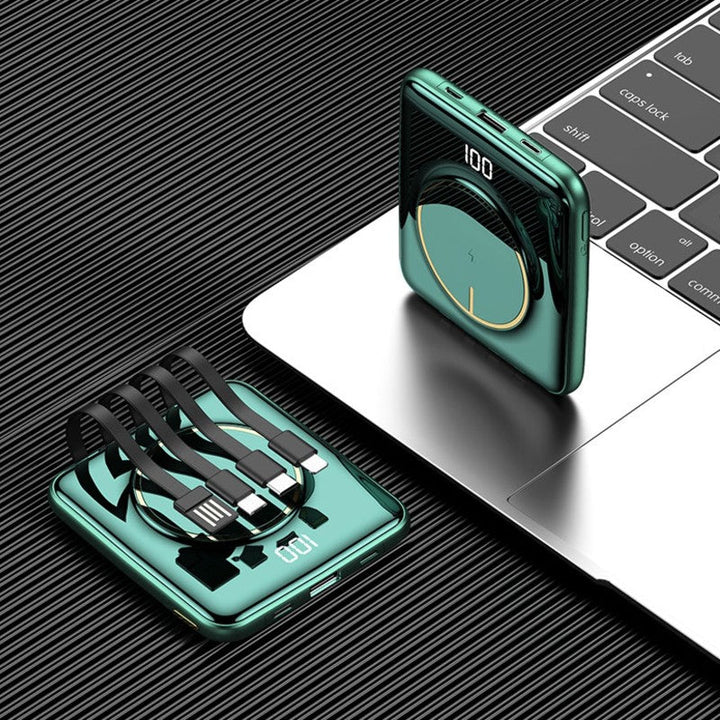 Lisslune | 5-in-1 Portable Mini 20000mAh Power Bank, with Wired/Wireless Charging, 4 Built-in Cables & Super Sleek Design, for Phone, Tablet & More