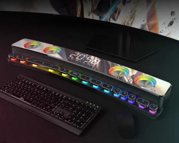 Lisslune | Bluetooth Gaming Speaker, with RGB Lighting, Bluetooth 5.0, Dual Diaphragm, Dual Speakers, Mechanical Buttons, Clock & Alarm