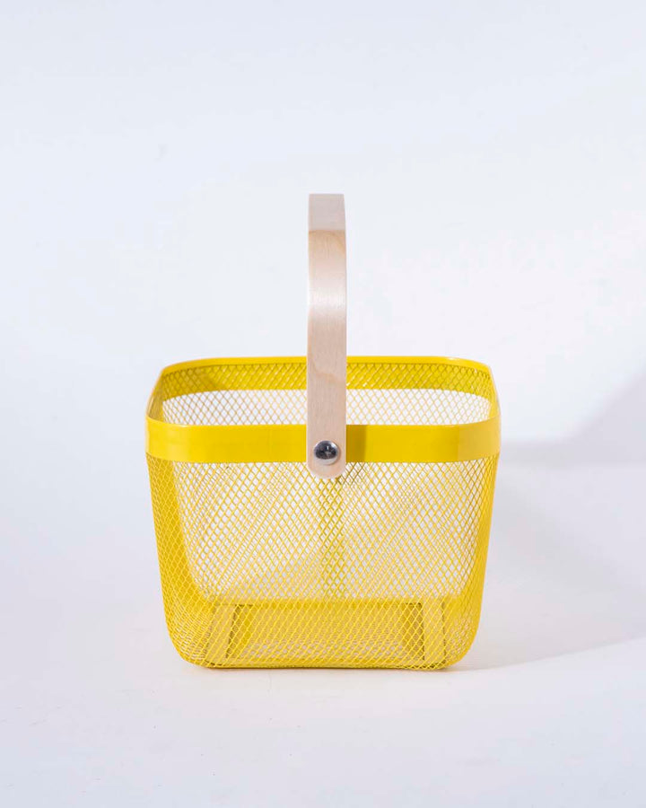 Lisslune | Square Metal Storage Basket with Wooden Handle - Yellow - Set of 2