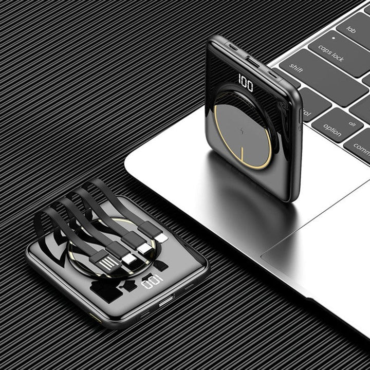 Lisslune | 5-in-1 Portable Mini 20000mAh Power Bank, with Wired/Wireless Charging, 4 Built-in Cables & Super Sleek Design, for Phone, Tablet & More