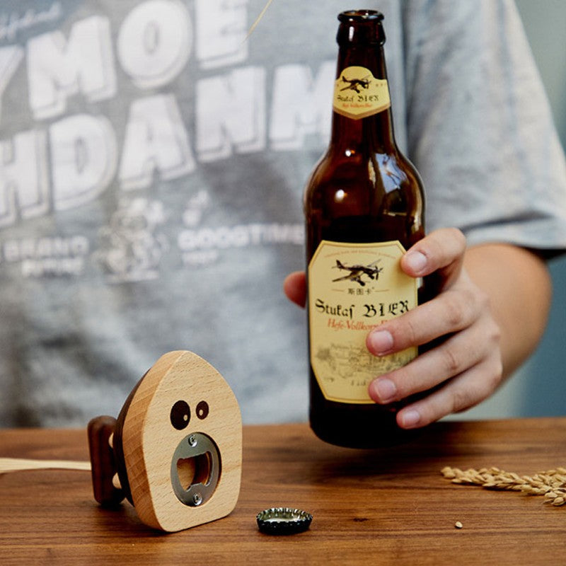 Lisslune | Iron-shape Wood Bottle Opener with Magnetic Bottle Cap Collector