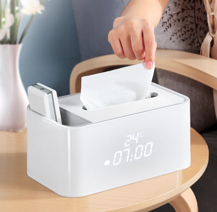 Lisslune | Multi-Function Smart Electronic Alarm Clock Tissue Box, with Indoor Thermometer and Sound Control Design, Suitable for Bedroom, Living Room, Kitchen & Office