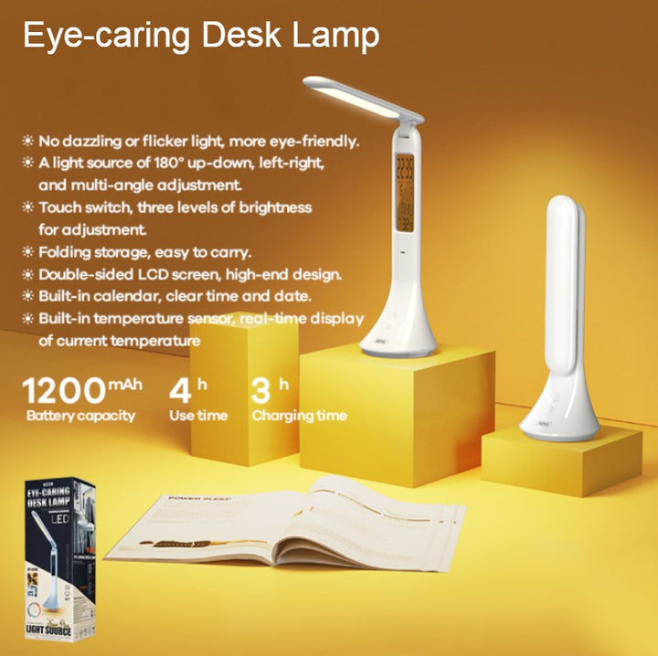 Lisslune | Rechargeable Foldable Eye-caring Desk Lamp, with Flicker-free, Adjustable Brightness, Time, Date & Temperature Display