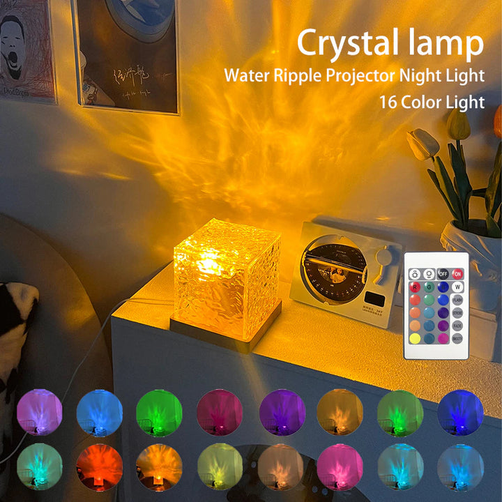 Lisslune | Dynamic Rotating Water Wave Projector Night Light 16 Colors Flame Crystal Lamp for Living Room Office Bedroom Dynamic Rotating