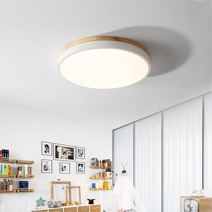 Lisslune | Wooden Round Shape Flush Ceiling Light | LED. Solid Wood & Iron for Living Room. Dining Room & Hallway