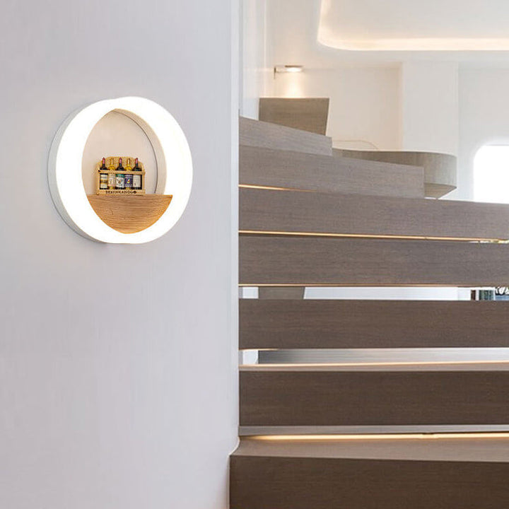 Lisslune | Lumoshelf LED Wall Light | Solid Wood with Shelf | Round Wall Lamp | Warm & White Light