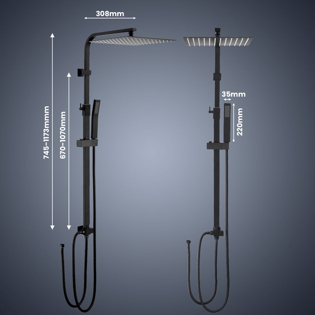 Lisslune | Rain shower without fitting Black shower system without thermostat Shower set Square Stainless steel head shower 30x30CM