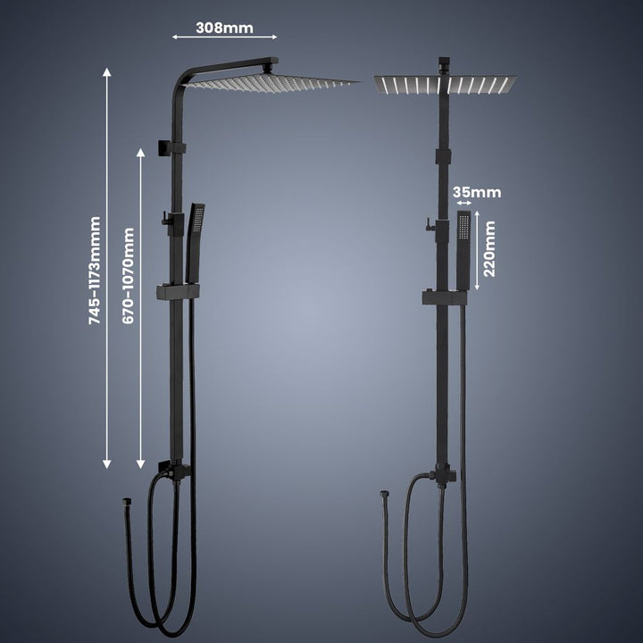 Lisslune | Rain shower without fitting Black shower system without thermostat Shower set Square Stainless steel head shower 30x30CM