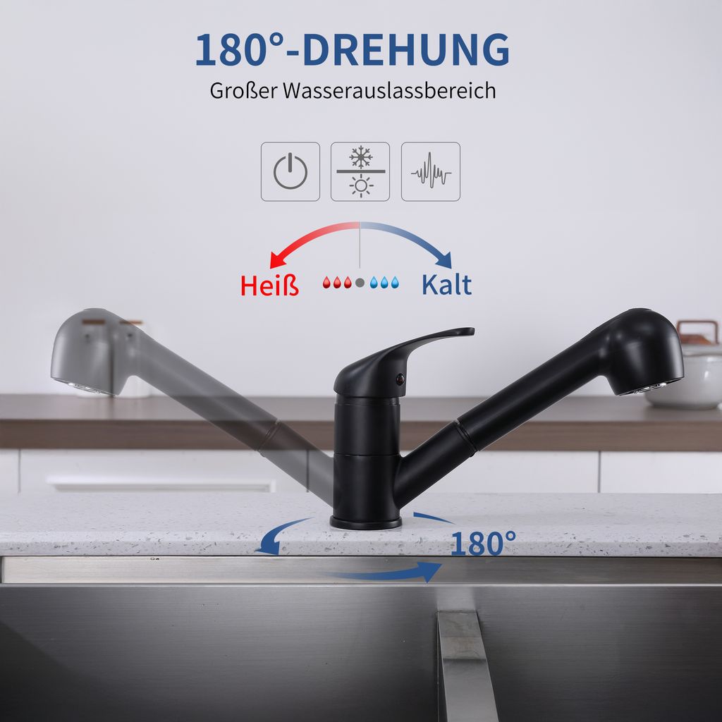 Lisslune | Black Faucet Kitchen, Kitchen Faucets with 2 Spray Types Faucet with Pull-Out Spray, Mixing Valve Kitchen for Dual Sink