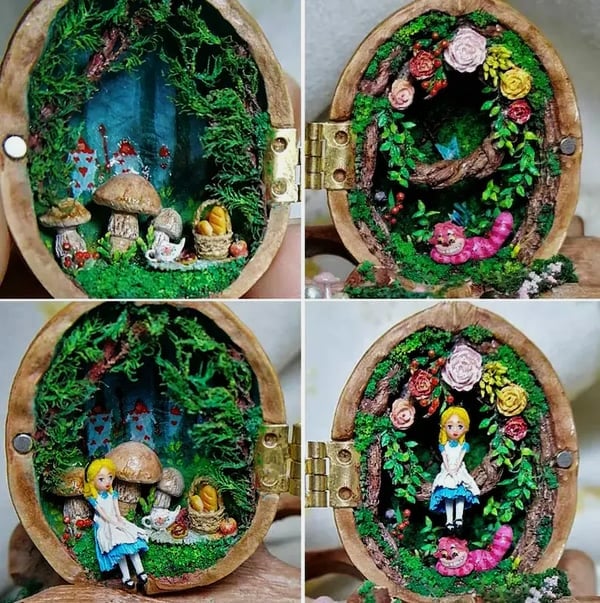 Lisslune | Handmade.Walnut Shell Doll House--Mini Library, Tiny World Inside Walnuts