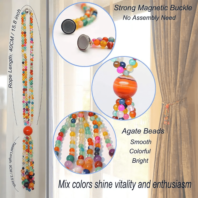 Lisslune | Magnetische Vorhangbindegurte, 2er Pack Bunte Achat Quasten Vorhang Halterungen, Boho Vorhangbänder für dekorative Heimbüros