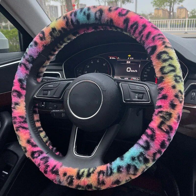 Lisslune | Universal Plush Leopard Car Steering Wheel Cover