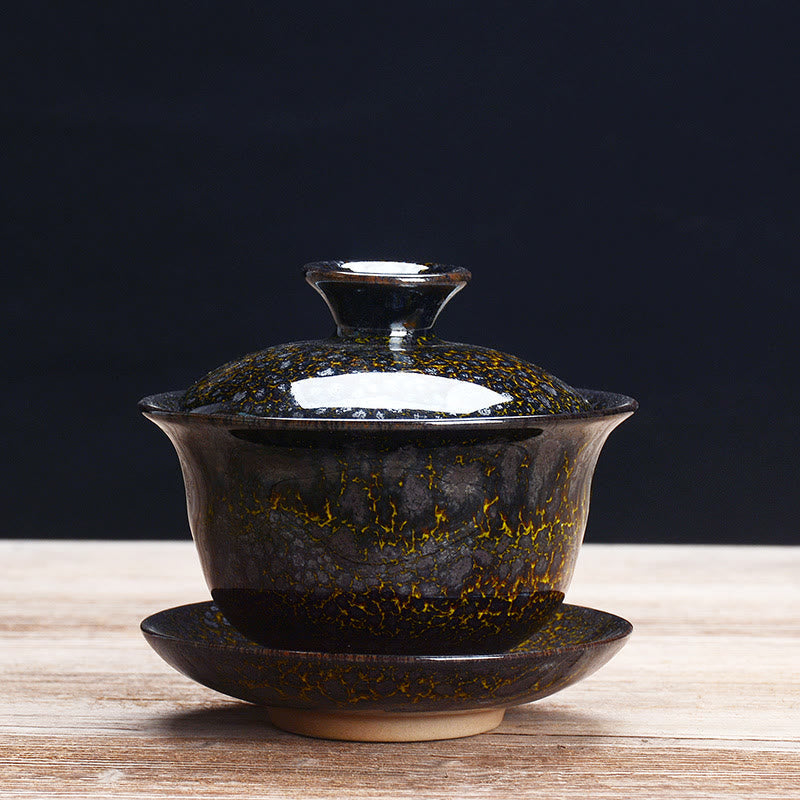 Lisslune | Vintage Kiln Ceramic Gaiwan Sancai Tea Cup Tea Cup and Saucer with Lid