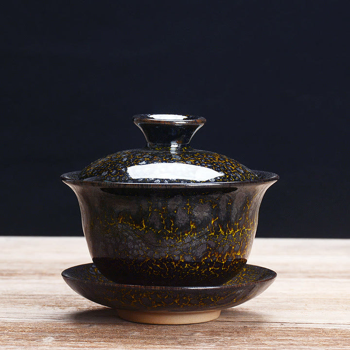 Lisslune | Vintage Kiln Ceramic Gaiwan Sancai Tea Cup Tea Cup and Saucer with Lid