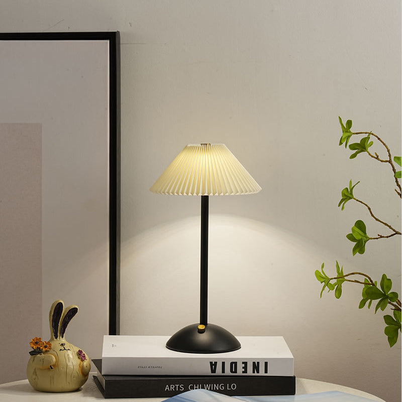 Lisslune | Contemporary Scandinavian rechargeable iron fabric cone pleated LED table lamp for bedside