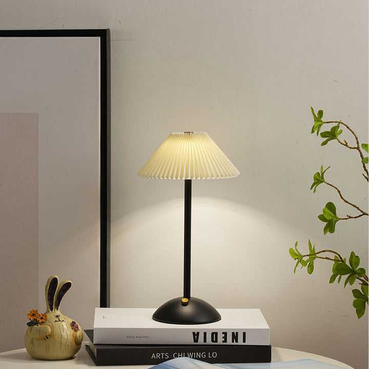 Lisslune | Contemporary Scandinavian rechargeable iron fabric cone pleated LED table lamp for bedside