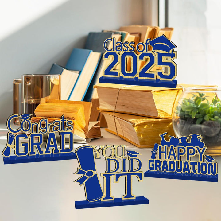 4 Piece Black and Gold Graduation Decorations Class of 2025 Congratulations Graduate Wood Table Centerpieces Graduate Table Decor Congratulations Tiered Shelf Decor for 2025 Graduation Decorations