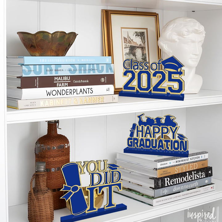4 Piece Black and Gold Graduation Decorations Class of 2025 Congratulations Graduate Wood Table Centerpieces Graduate Table Decor Congratulations Tiered Shelf Decor for 2025 Graduation Decorations