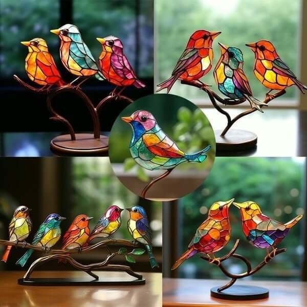 Lisslune | ElegantAviary | Colorful Birds on Branch Desk Ornaments