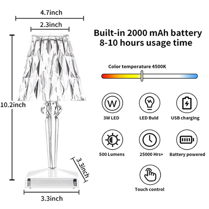 Lisslune | CrystalGlow Touch lamp – Elegant Table Lamp with Touch Sensor and USB