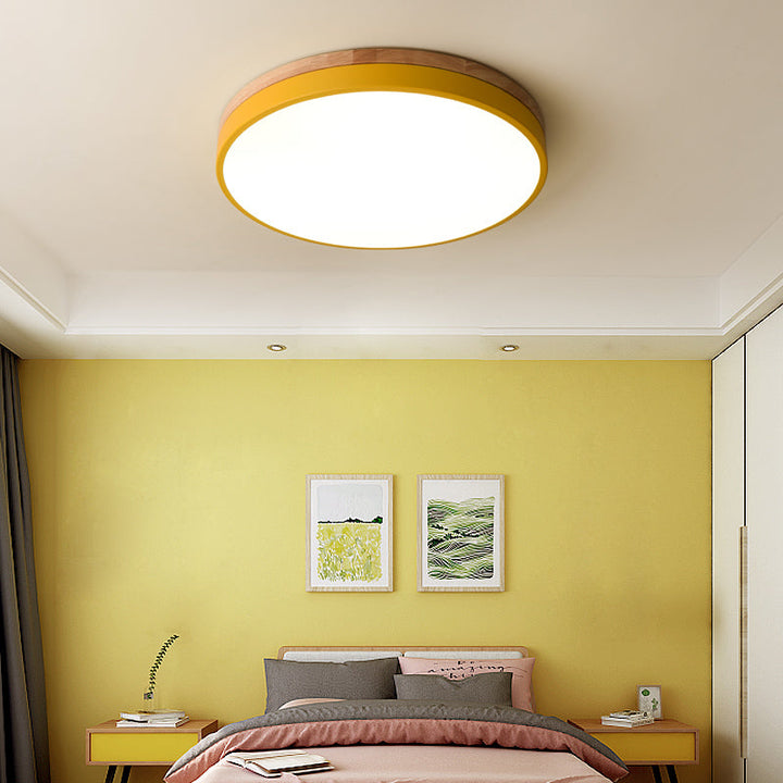 Lisslune | Wooden Round Shape Flush Ceiling Light | LED. Solid Wood & Iron for Living Room. Dining Room & Hallway