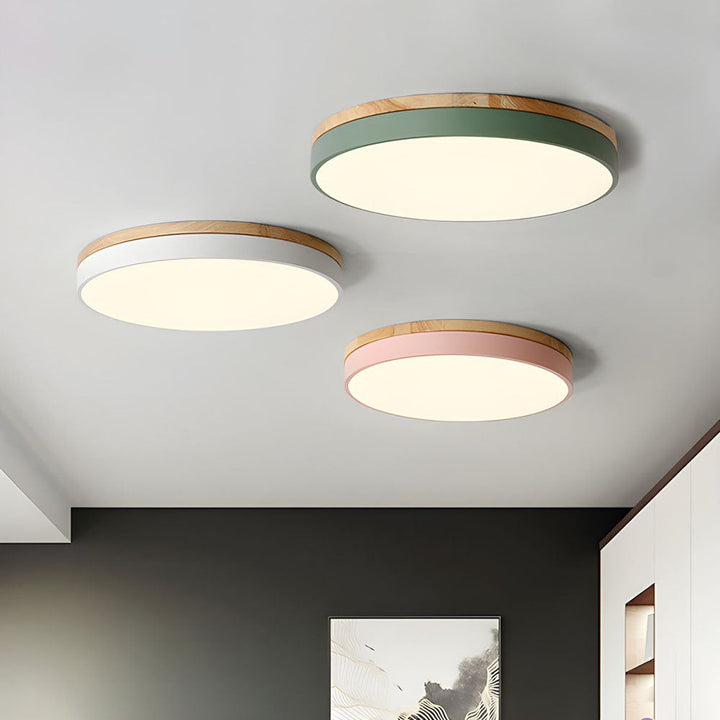 Lisslune | Wooden Round Shape Flush Ceiling Light | LED. Solid Wood & Iron for Living Room. Dining Room & Hallway
