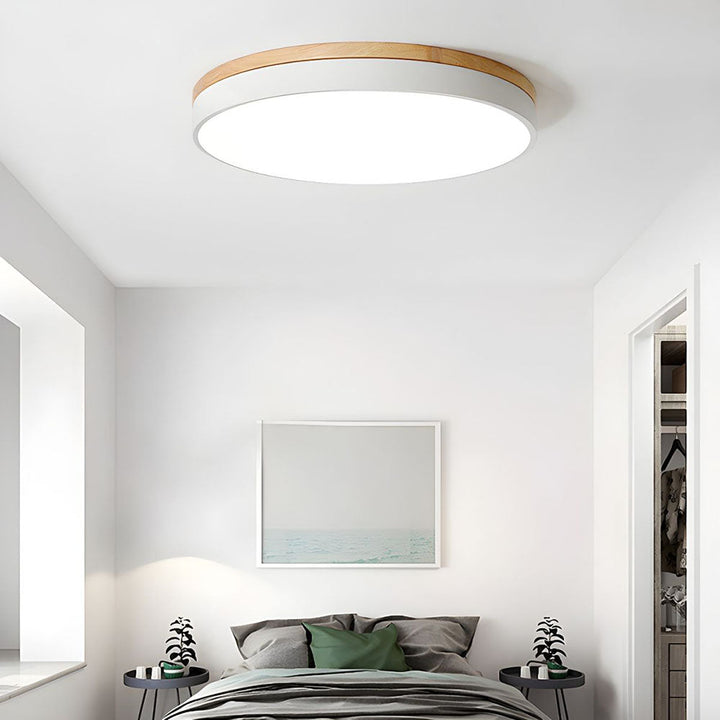 Lisslune | Wooden Round Shape Flush Ceiling Light | LED. Solid Wood & Iron for Living Room. Dining Room & Hallway