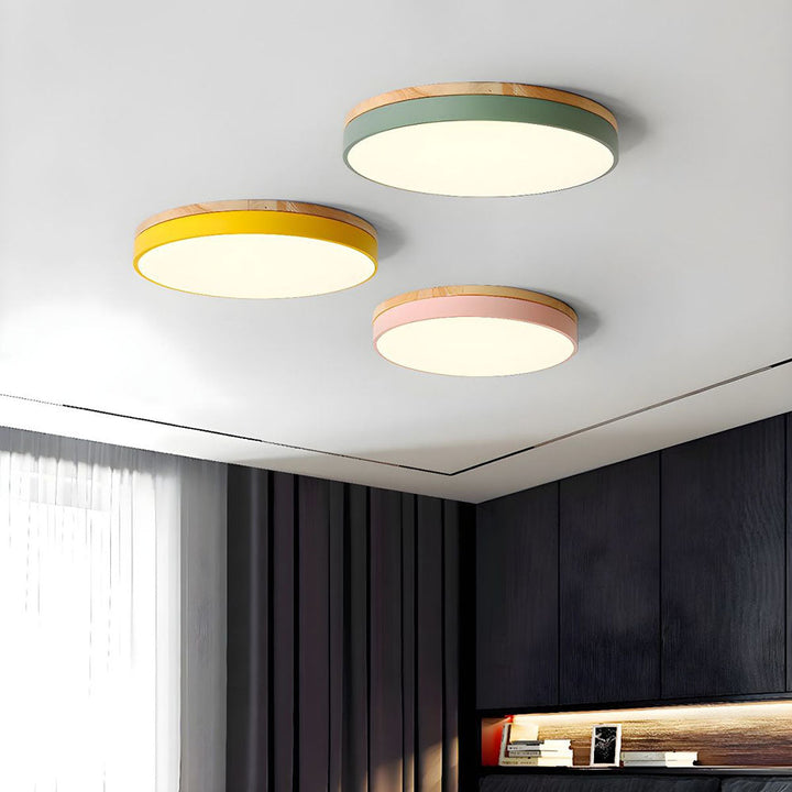 Lisslune | Wooden Round Shape Flush Ceiling Light | LED. Solid Wood & Iron for Living Room. Dining Room & Hallway