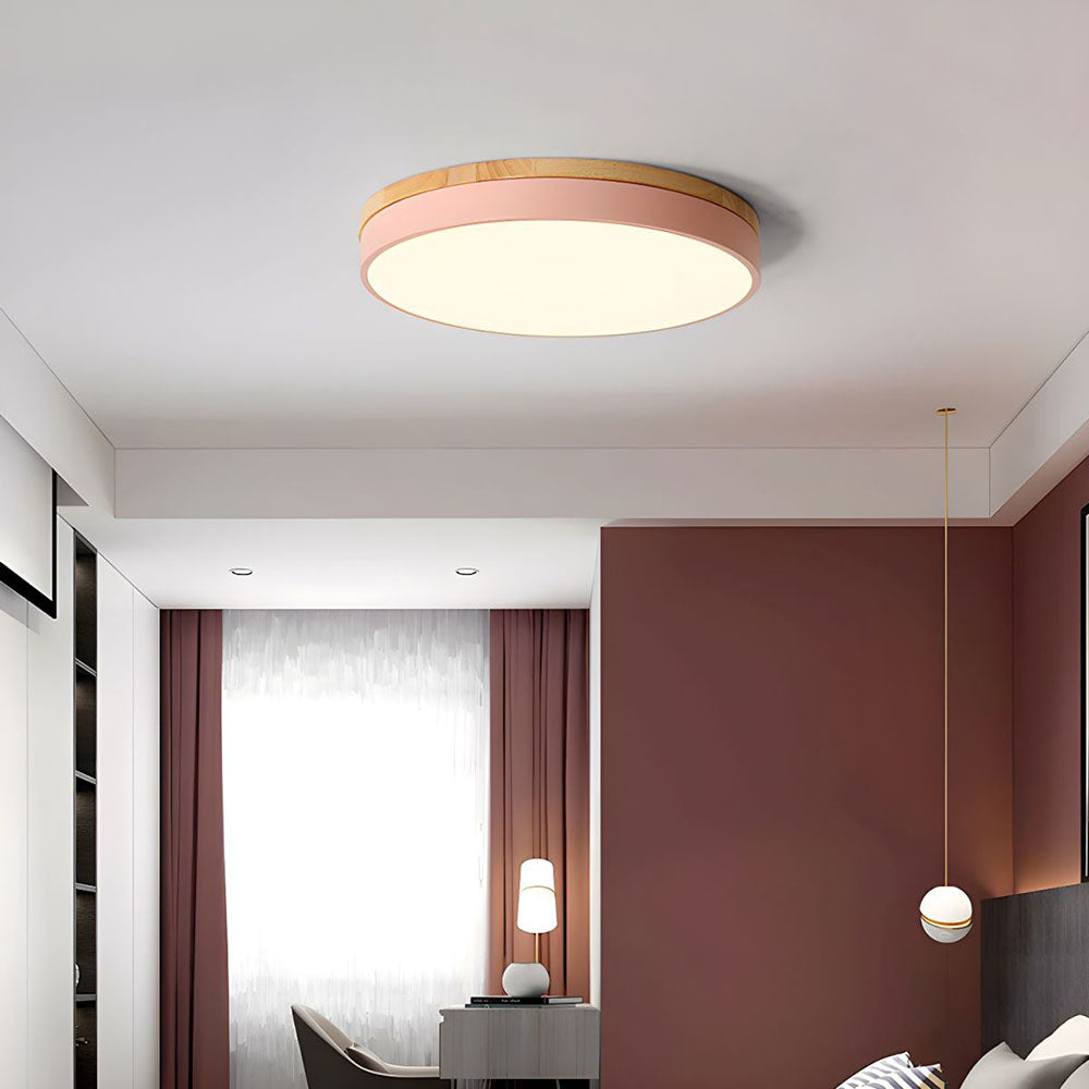 Lisslune | Wooden Round Shape Flush Ceiling Light | LED. Solid Wood & Iron for Living Room. Dining Room & Hallway