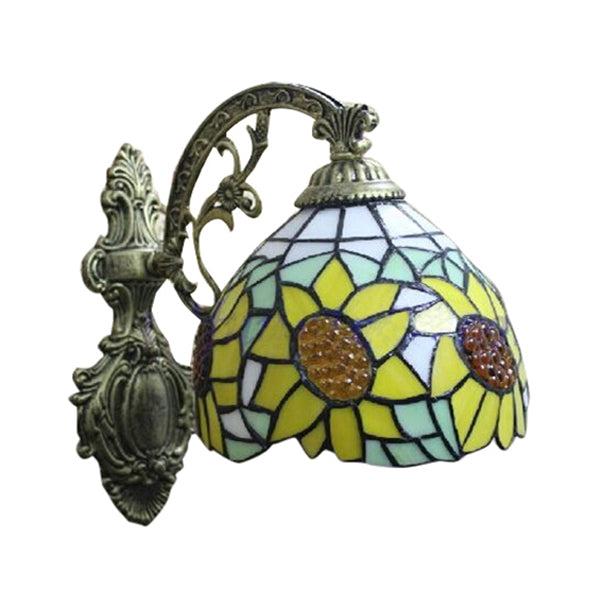 Lisslune | Yellow Sunflower Wall Lamp Lodge Style Stained Glass 1 Light Wall Lighting for Bedroom