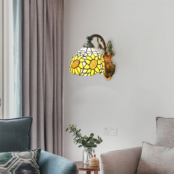Lisslune | Yellow Sunflower Wall Lamp Lodge Style Stained Glass 1 Light Wall Lighting for Bedroom