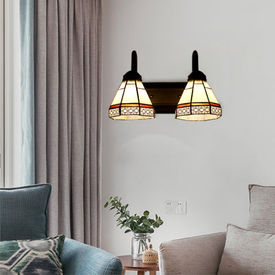 Lisslune | Cone Wall Light Tiffany Beige Glass 2 Heads Black Wall Mounted Lighting
