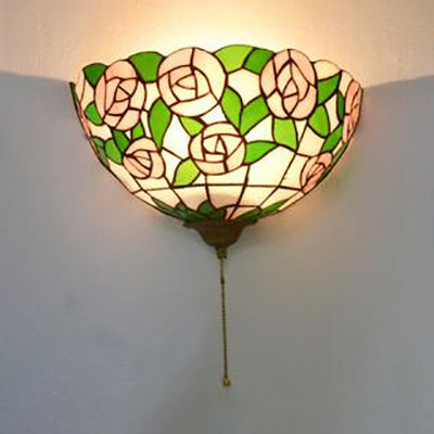 Lisslune | Rose pink wall-mounted lamp with pull chain and green leaf pattern 1 light stained glass Tiffany wall lamp