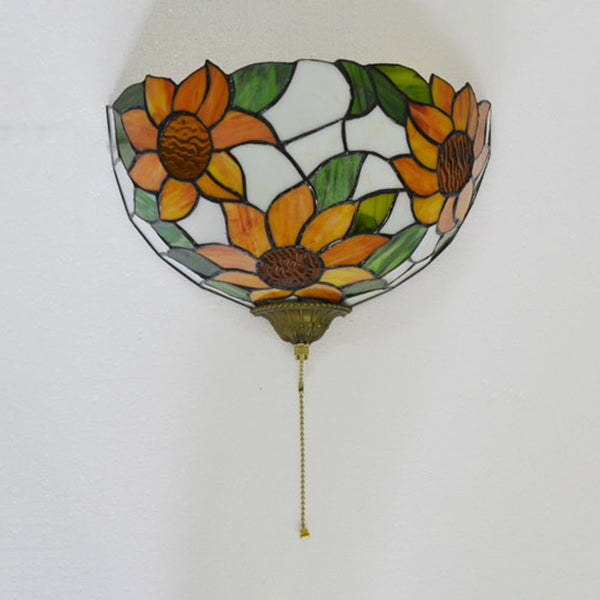Skørter | Stained Glass Sunflower Wall Lamp with Pull Switch Loft Retro 1 Main Wall Lamp in Orange and Green