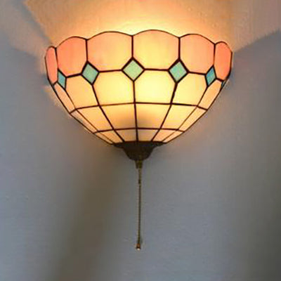 Lisslune | Pink and White Bowl Wall Mounted Light Stained Glass 1 Bulb Tiffany Wall Light with Pull Chain