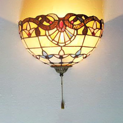 Lisslune | Hemisphere Light Fixture Rustic Colored Glass 1 Head Wall Mounted Light with Pull Cord for Bedside