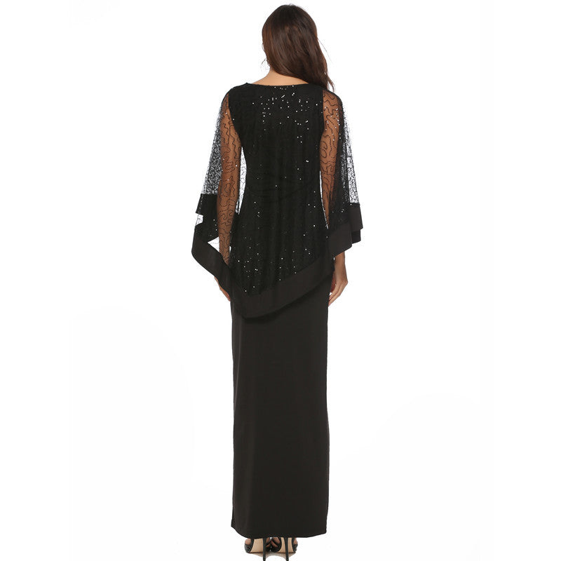 Ladies Elegant Evening Dress with Transparent Lace Sleeves and High Slit Lisslune