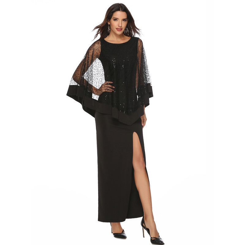 Ladies Elegant Evening Dress with Transparent Lace Sleeves and High Slit Lisslune