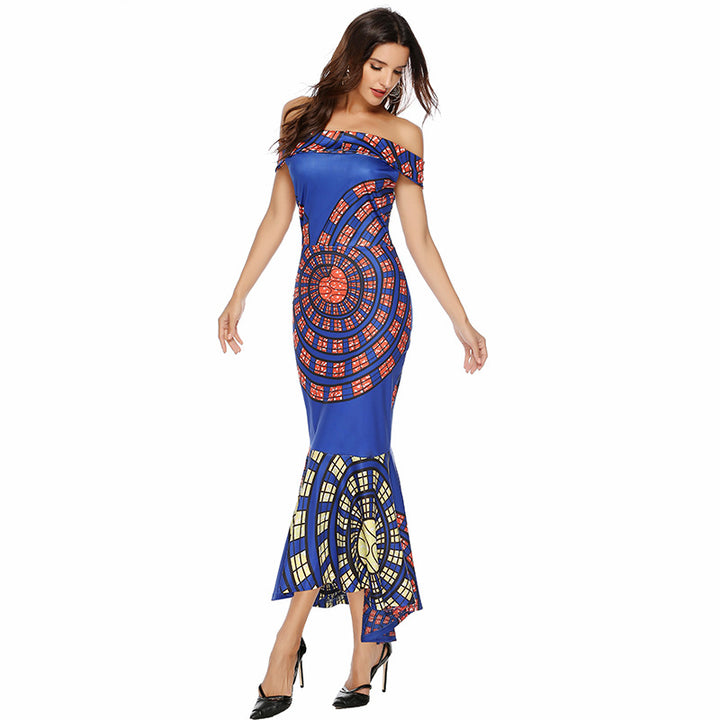 Women's Off-Shoulder Maxi Dress with Unique Pattern and Asymmetrical Hem Lisslune
