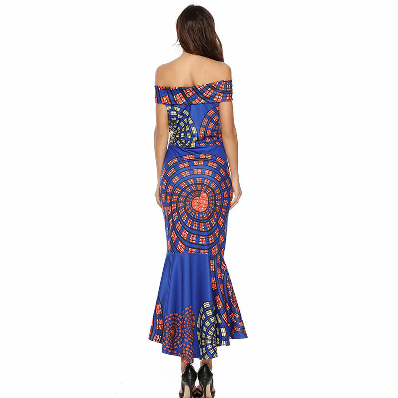 Women's Off-Shoulder Maxi Dress with Unique Pattern and Asymmetrical Hem Lisslune