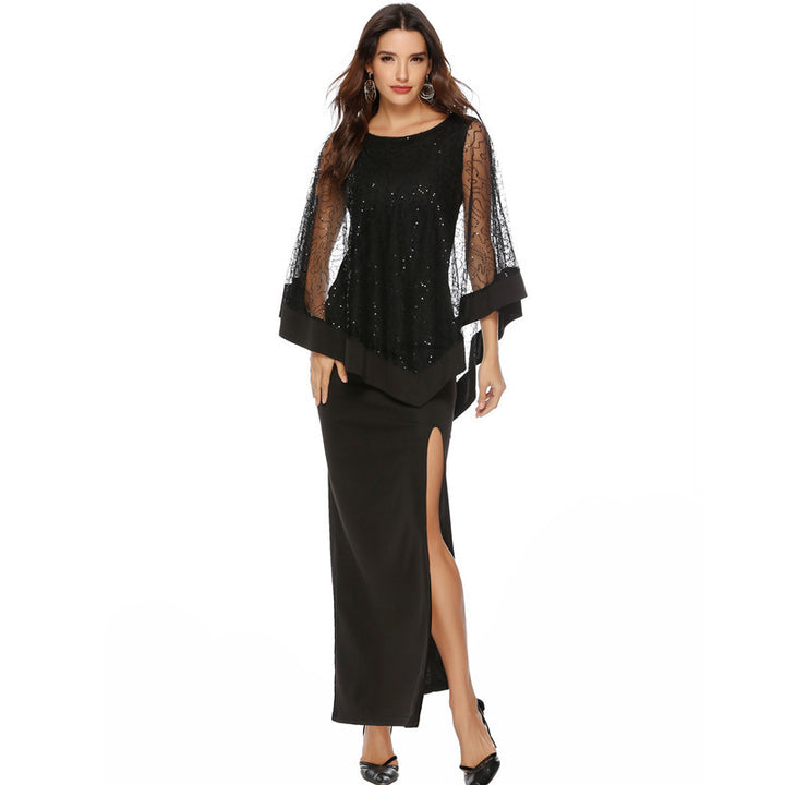 Ladies Elegant Evening Dress with Transparent Lace Sleeves and High Slit Lisslune
