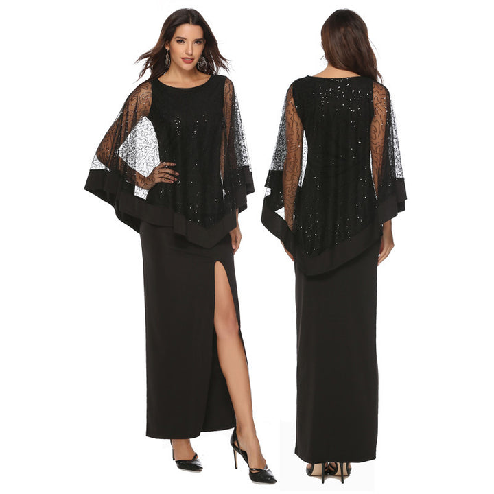 Ladies Elegant Evening Dress with Transparent Lace Sleeves and High Slit Lisslune