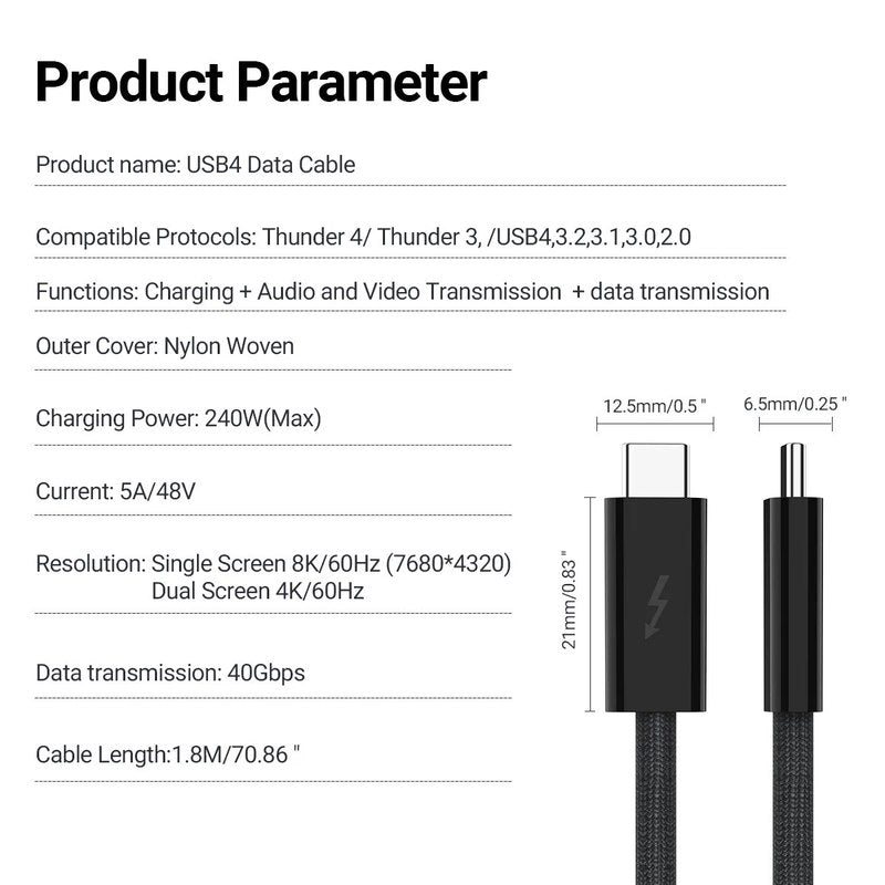 Lisslune | Thunderbolt USB Type C Connector Cool Running Thunderbolt4 Cable