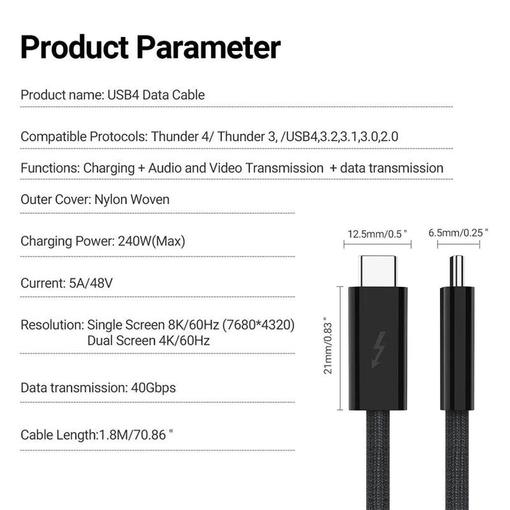 Lisslune | Thunderbolt USB Type C Connector Cool Running Thunderbolt4 Cable