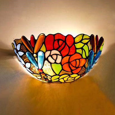 Lisslune | Stained Glass Blooming Wall Lighting Rustic Tiffany 2 Lights Art Deco Wall Mount Light for Bedroom